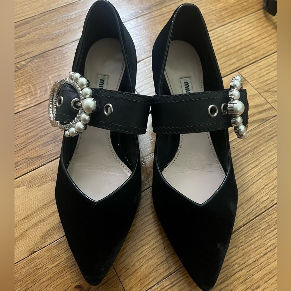 Miu Miu Black Velvet Mary Jane Kitten Heel Pumps